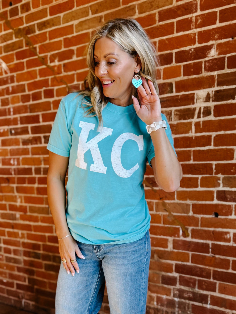 Distressed KC Crewneck Short Sleeve Tee, Lagoon