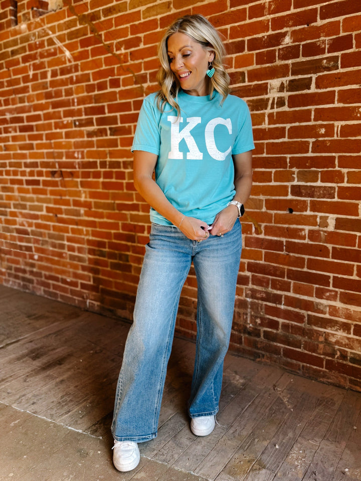 Distressed KC Crewneck Short Sleeve Tee, Lagoon