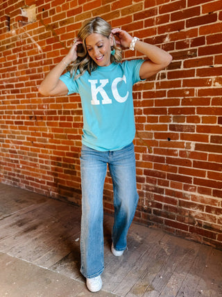 Distressed KC Crewneck Short Sleeve Tee, Lagoon