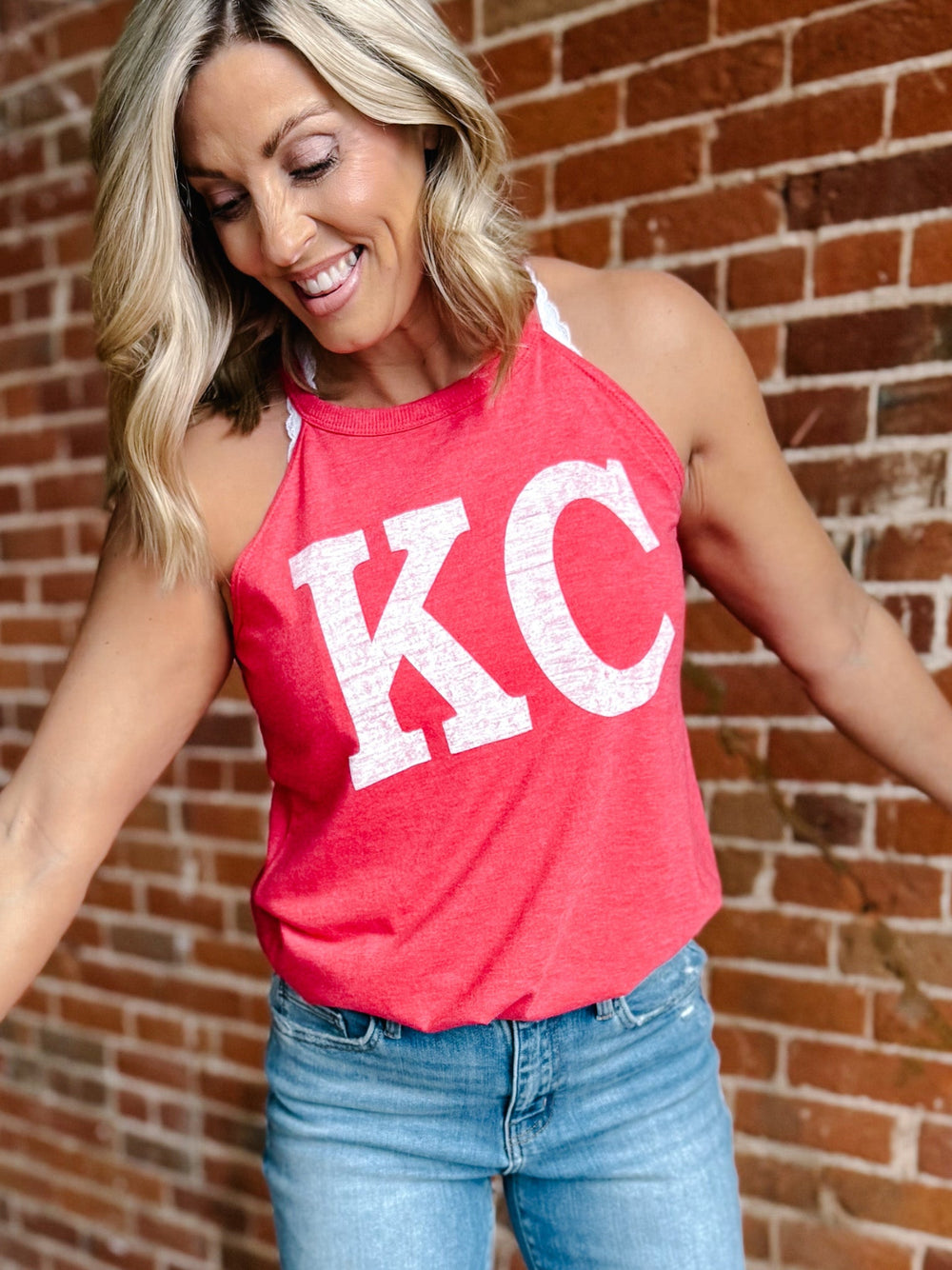 Distressed KC Rocker Tank, Red Frost