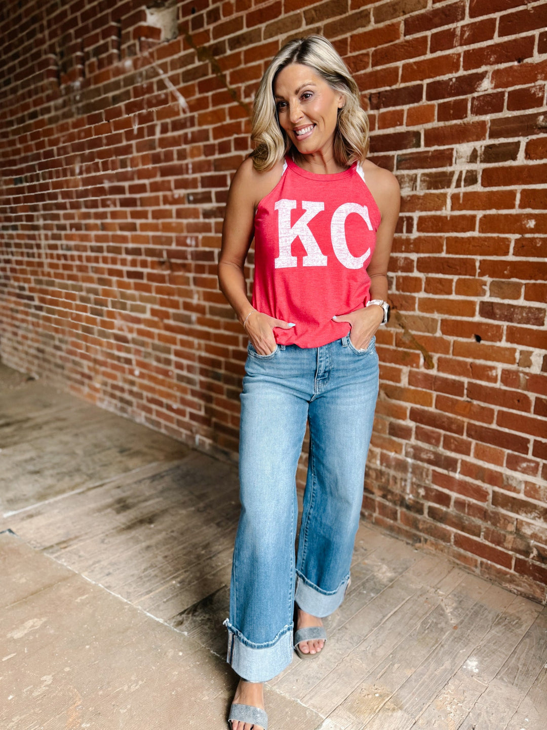 Distressed KC Rocker Tank, Red Frost