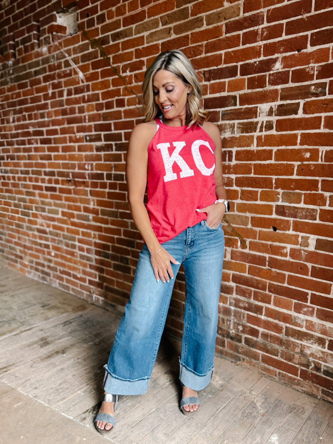Distressed KC Rocker Tank, Red Frost