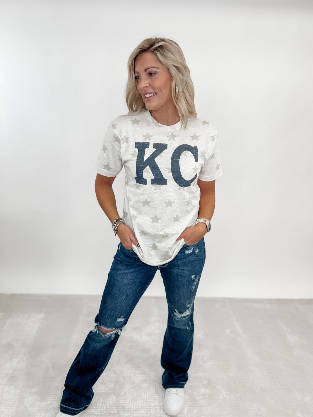 Distressed KC Star Print Graphic Tee, Natural Heather