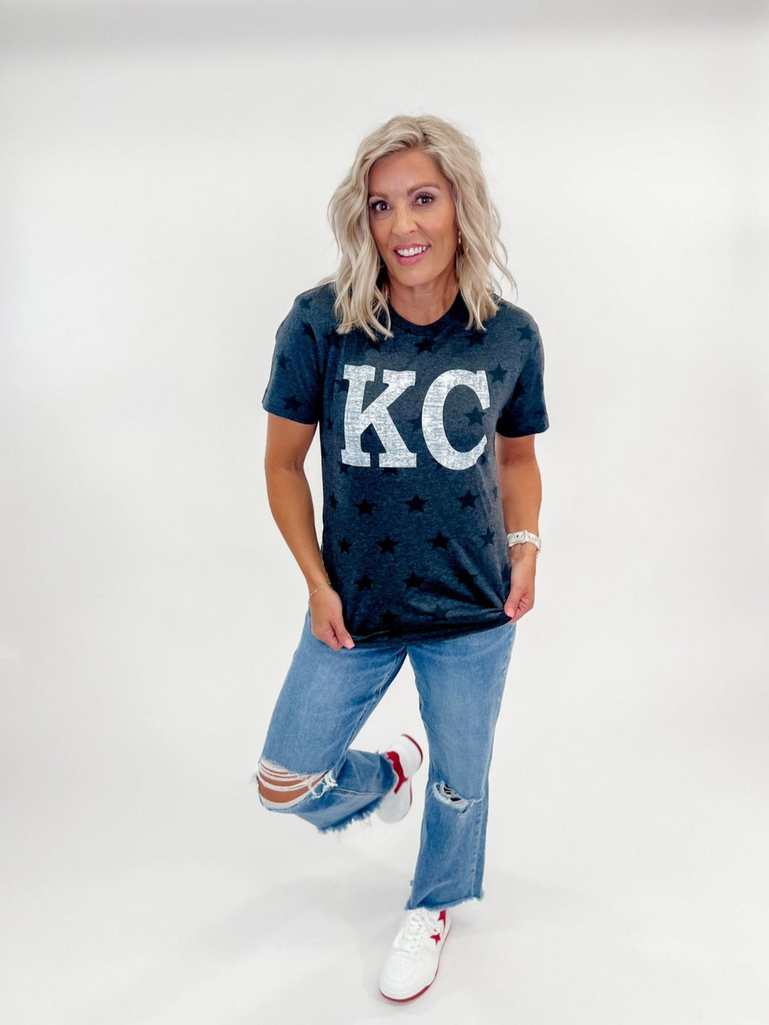 Distressed KC Star Print Graphic Tee, Smoke