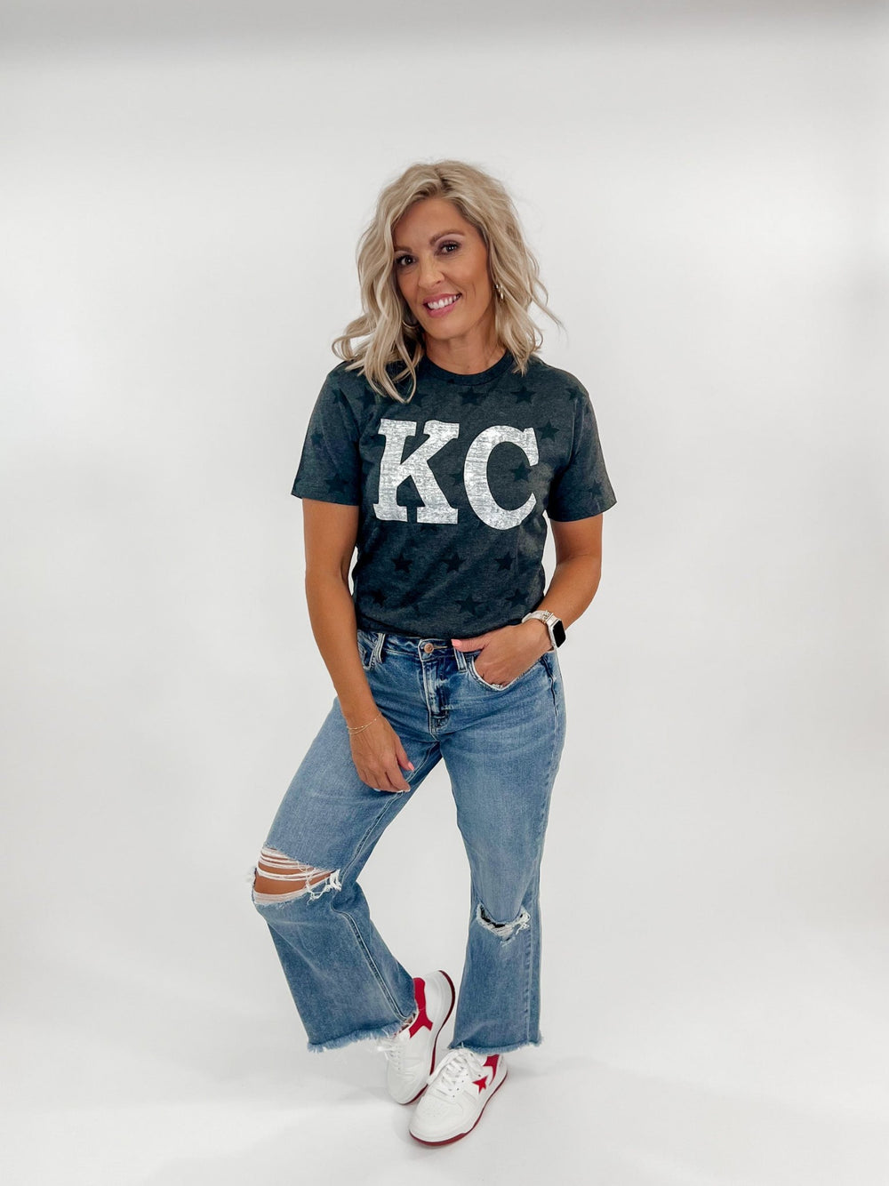 Distressed KC Star Print Graphic Tee, Smoke