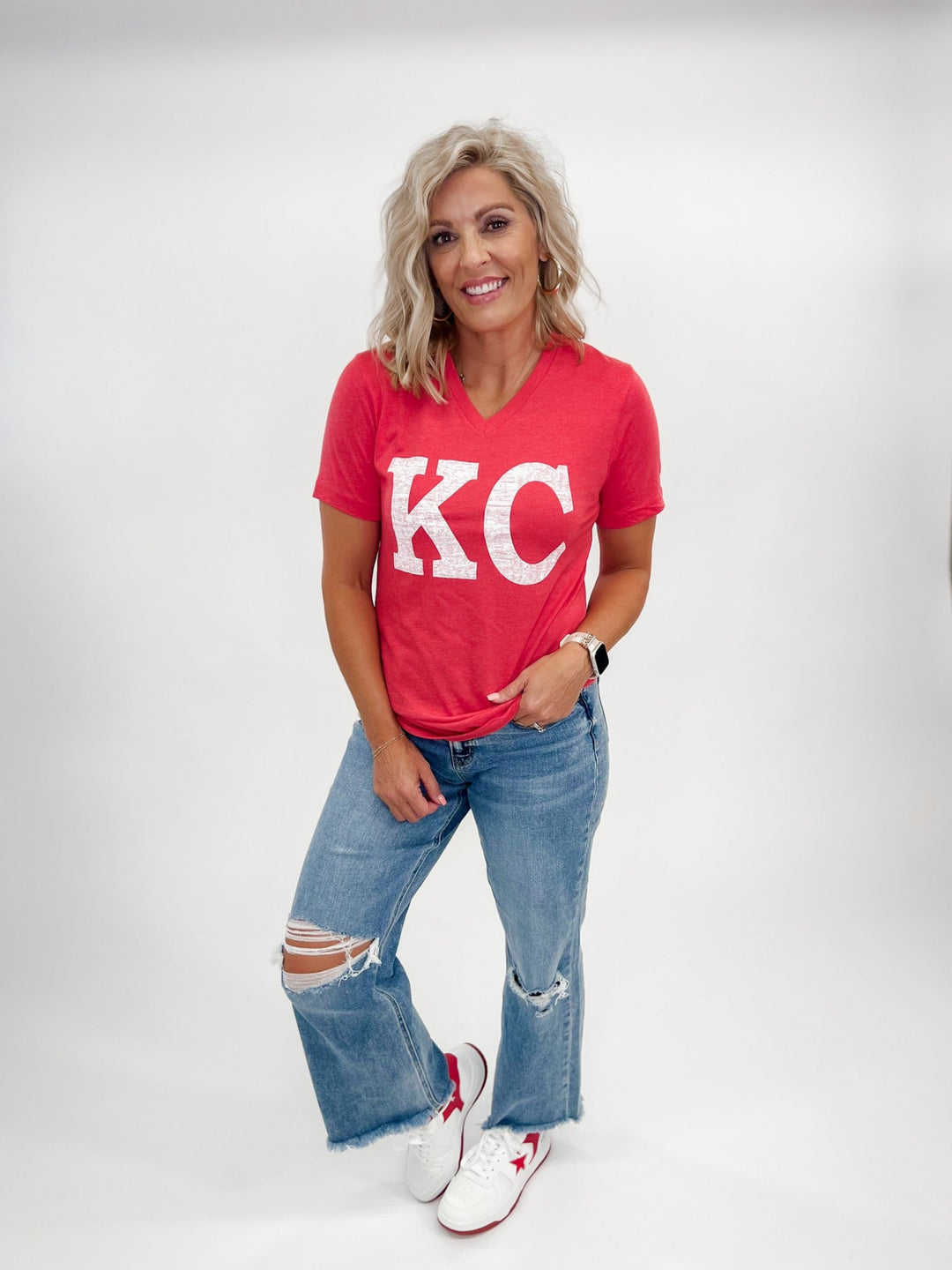 Distressed KC V-Neck Graphic Tee, Heather Red