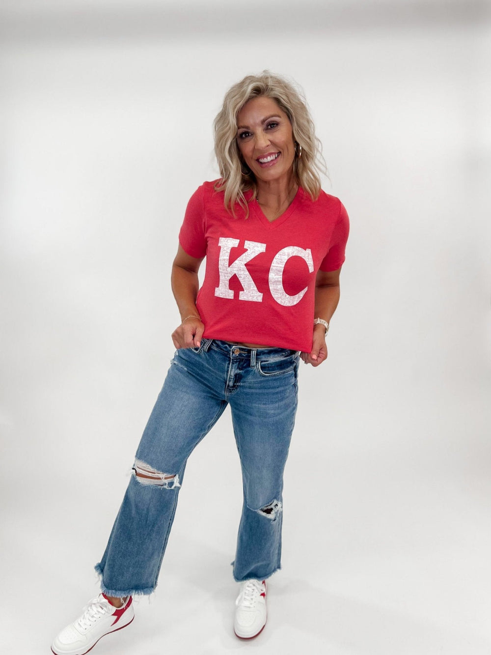 Distressed KC V-Neck Graphic Tee, Heather Red