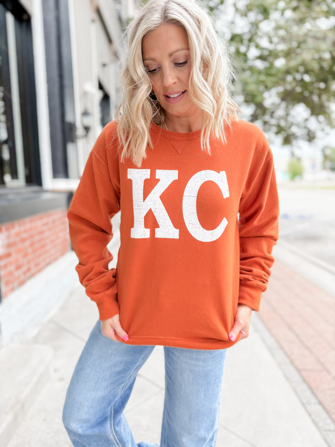 Distressed KC Crewneck Graphic Sweatshirt, Texas Orange
