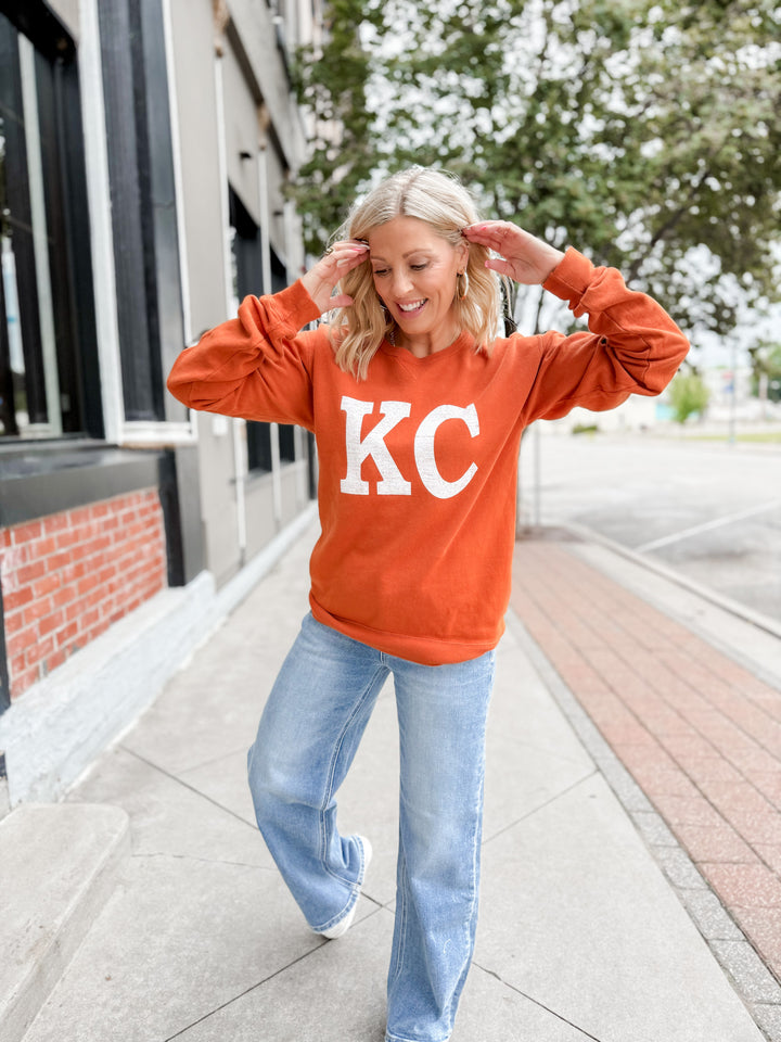 Distressed KC Crewneck Graphic Sweatshirt, Texas Orange