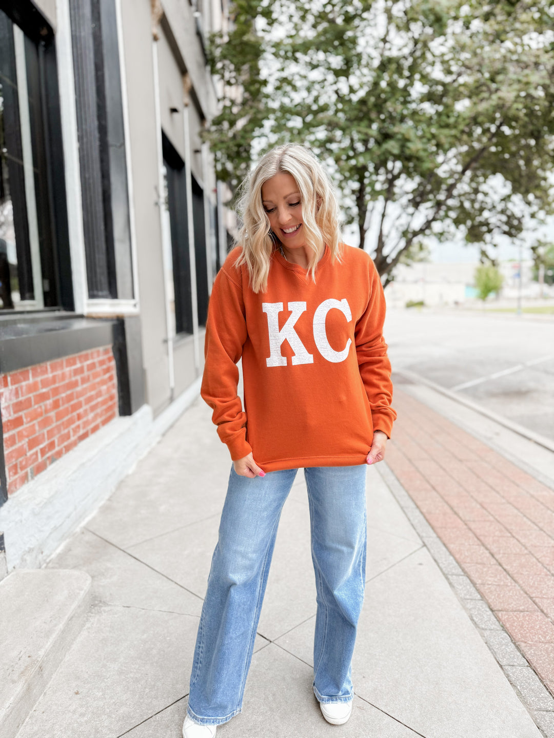 Distressed KC Crewneck Graphic Sweatshirt, Texas Orange