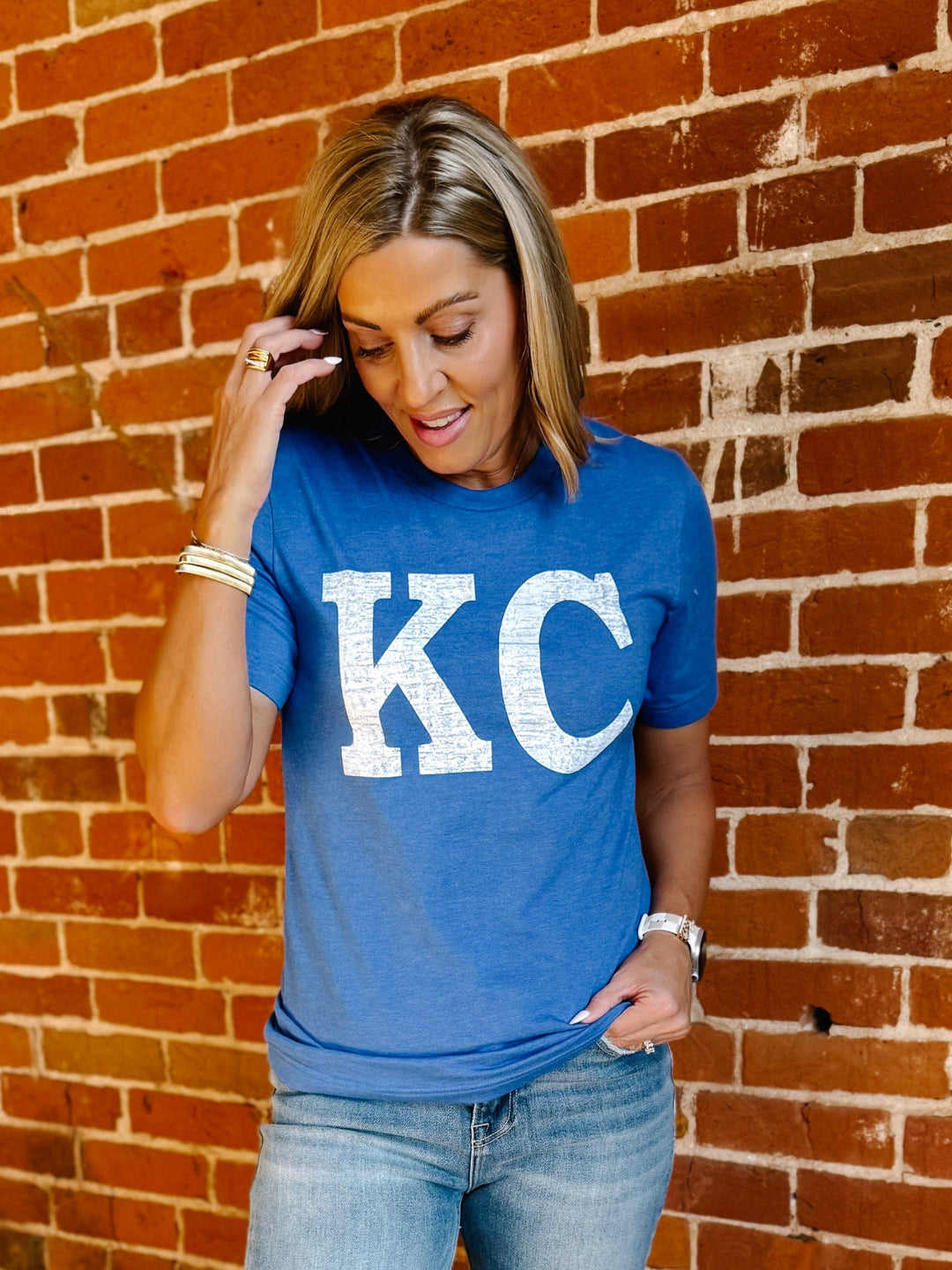 Distressed KC Crewneck Graphic Tee, Heather True Royal