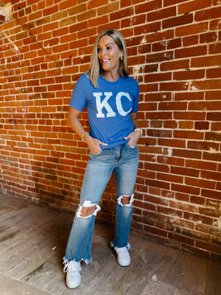Distressed KC Crewneck Graphic Tee, Heather True Royal