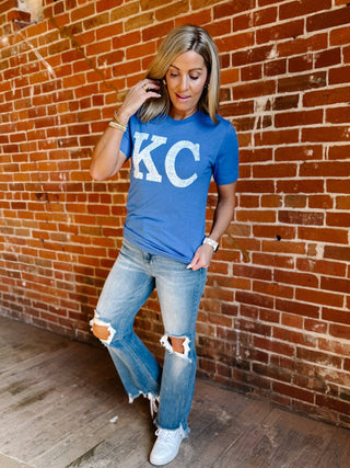 Distressed KC Crewneck Graphic Tee, Heather True Royal