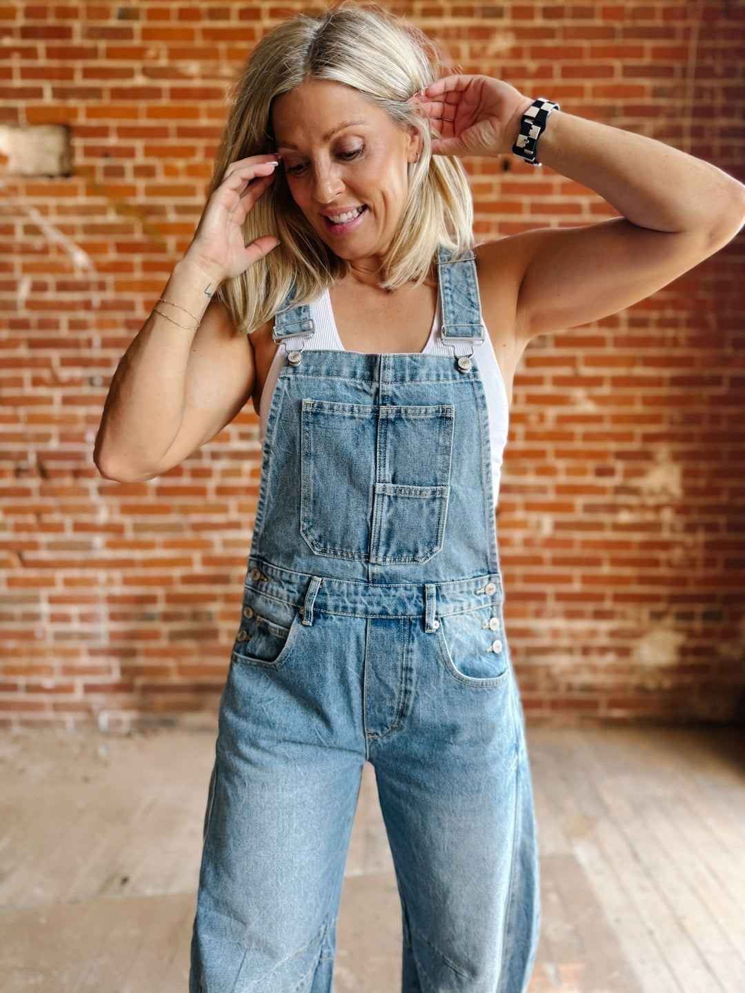 Dream On Denim Barrel Overalls, Medium Wash