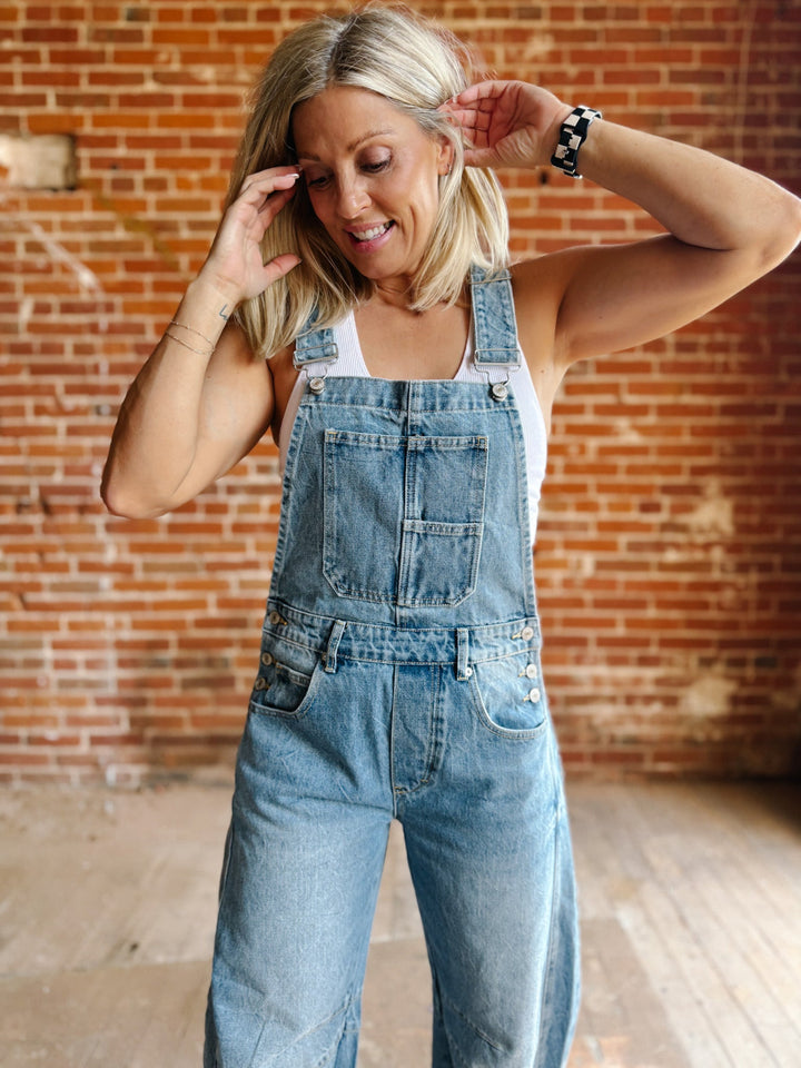 Dream On Denim Barrel Overalls, Medium Wash
