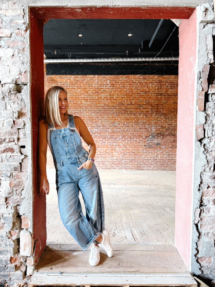 Dream On Denim Barrel Overalls, Medium Wash