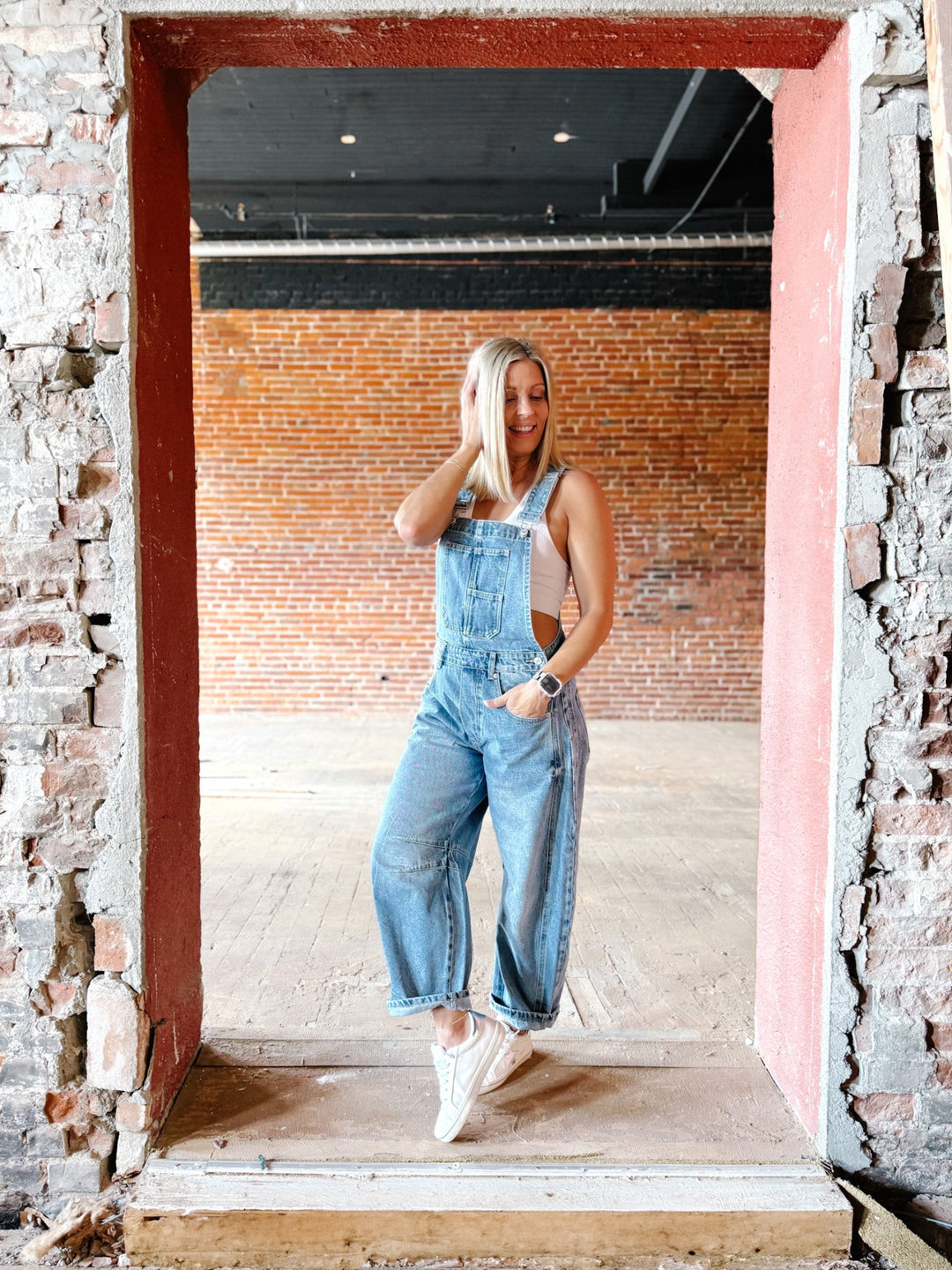 Dream On Denim Barrel Overalls, Medium Wash