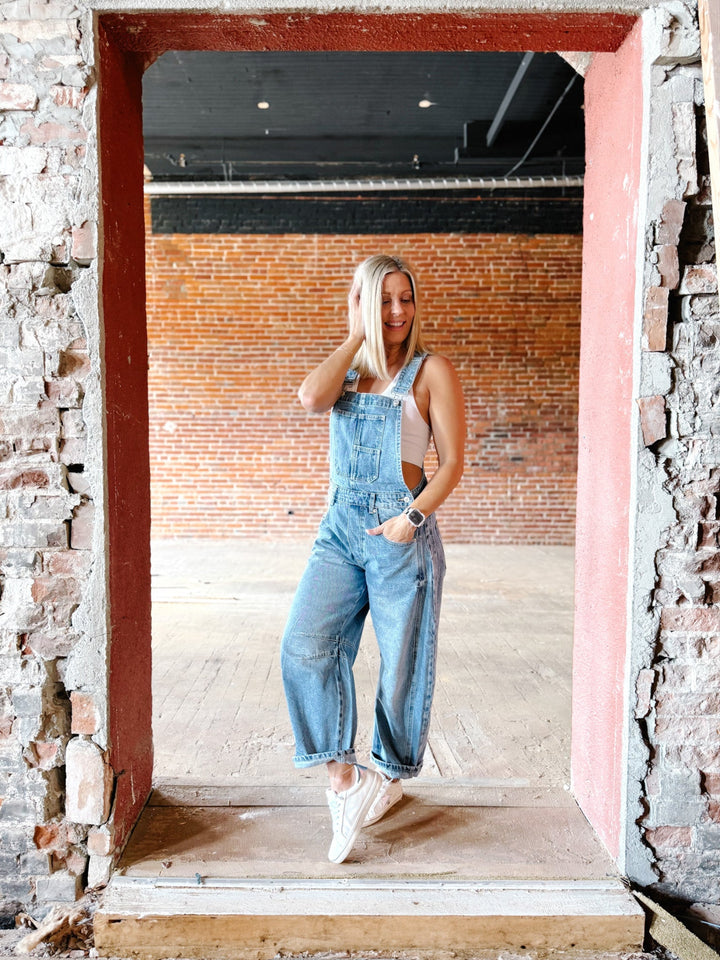 Dream On Denim Barrel Overalls, Medium Wash