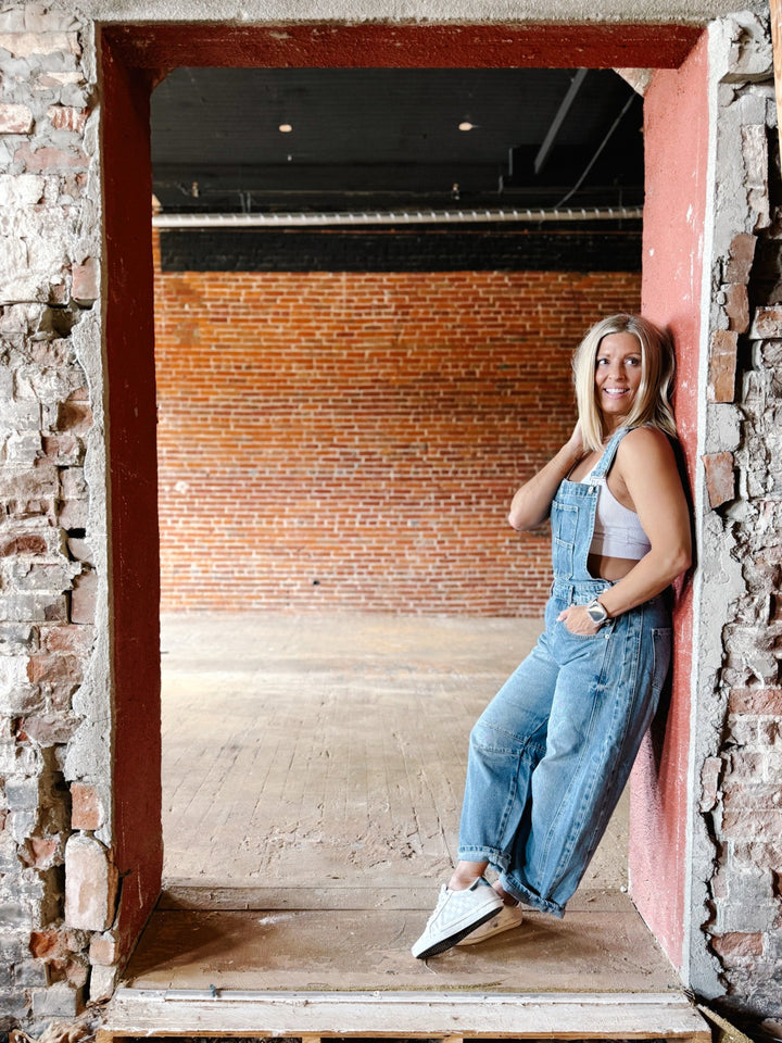 Dream On Denim Barrel Overalls, Medium Wash