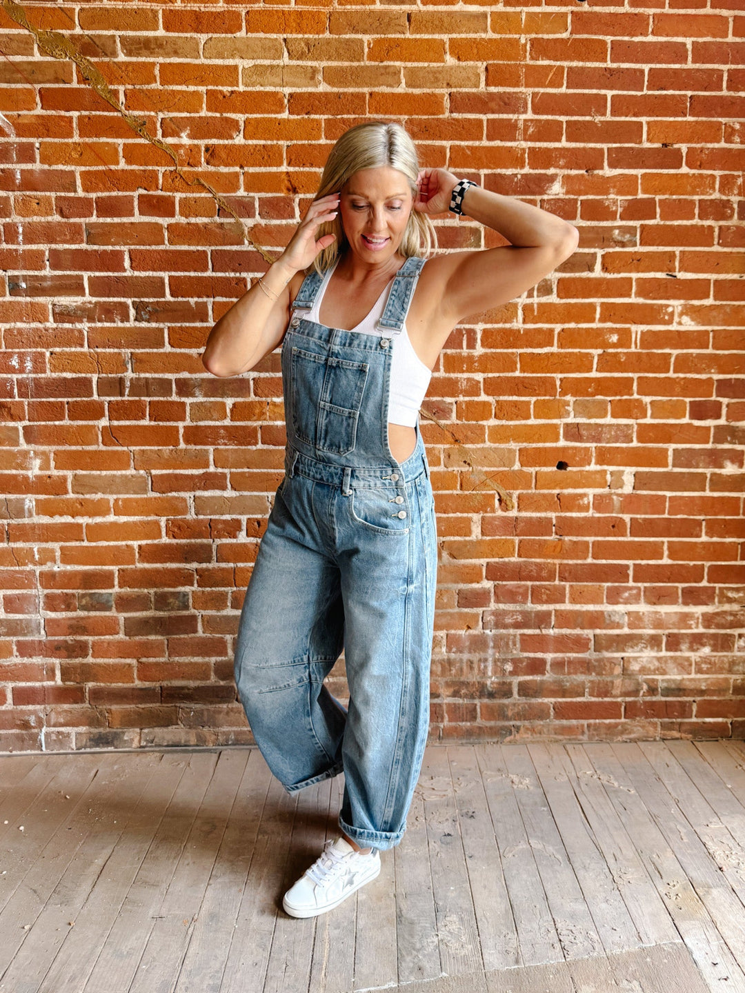 Dream On Denim Barrel Overalls, Medium Wash
