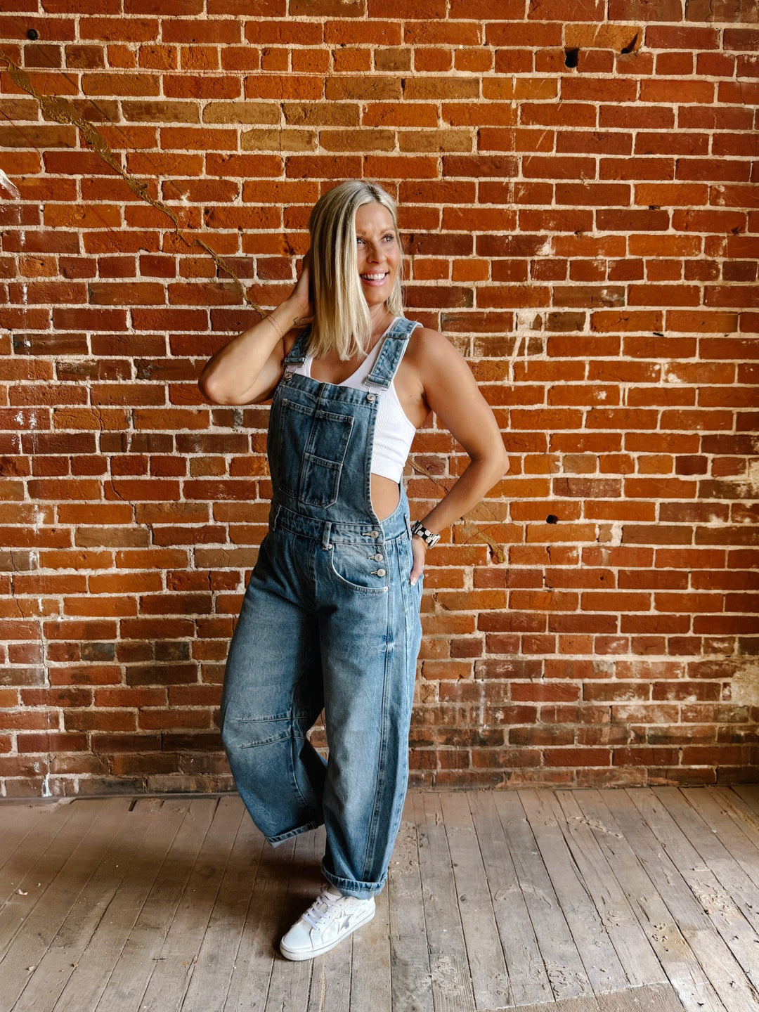 Dream On Denim Barrel Overalls, Medium Wash
