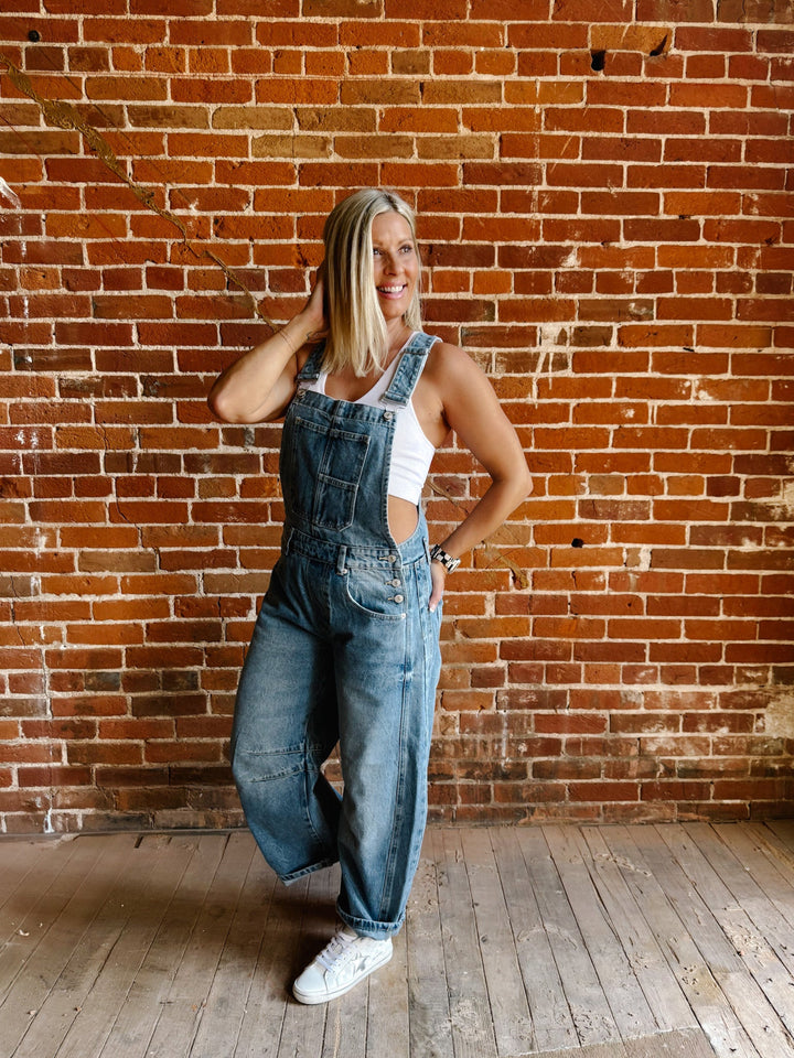 Dream On Denim Barrel Overalls, Medium Wash
