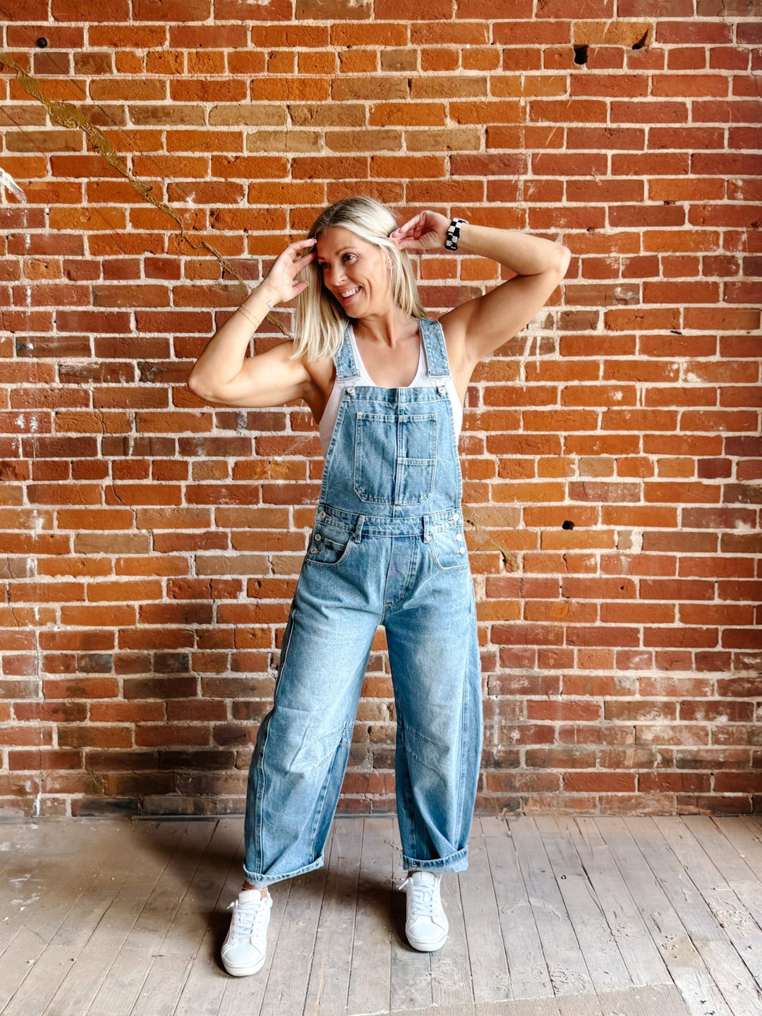 Dream On Denim Barrel Overalls, Medium Wash