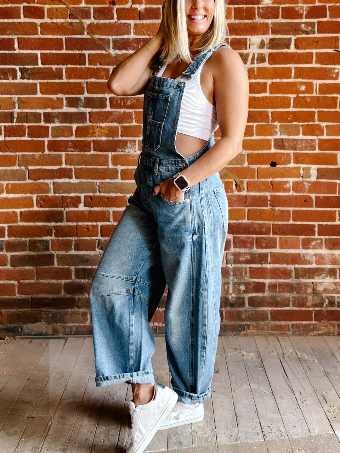 Dream On Denim Barrel Overalls, Medium Wash