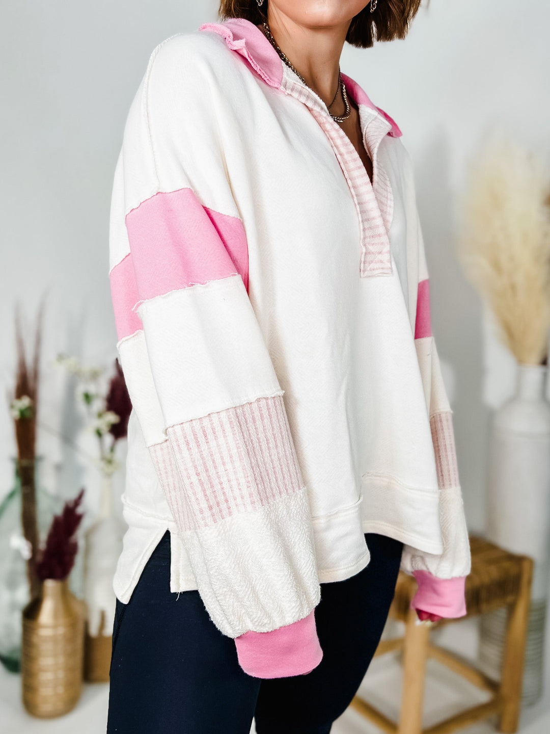 Expose Me Color Block Collared Top, Pink