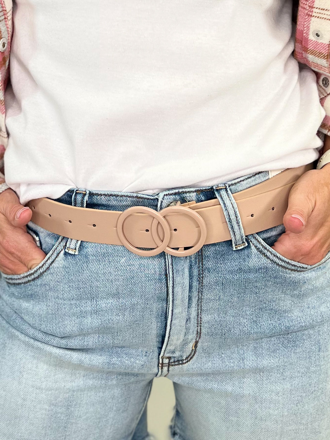 Round and Round Monochromatic Faux Leather Double Ring Belt, Taupe