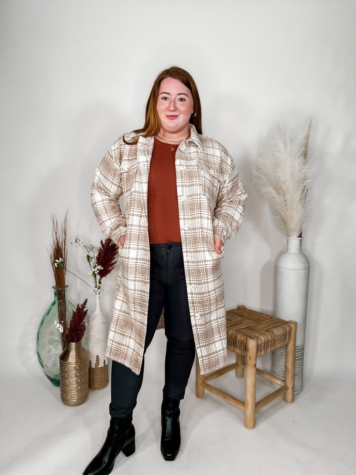 Stuck in Colder Weather Long Shacket, Taupe Plaid