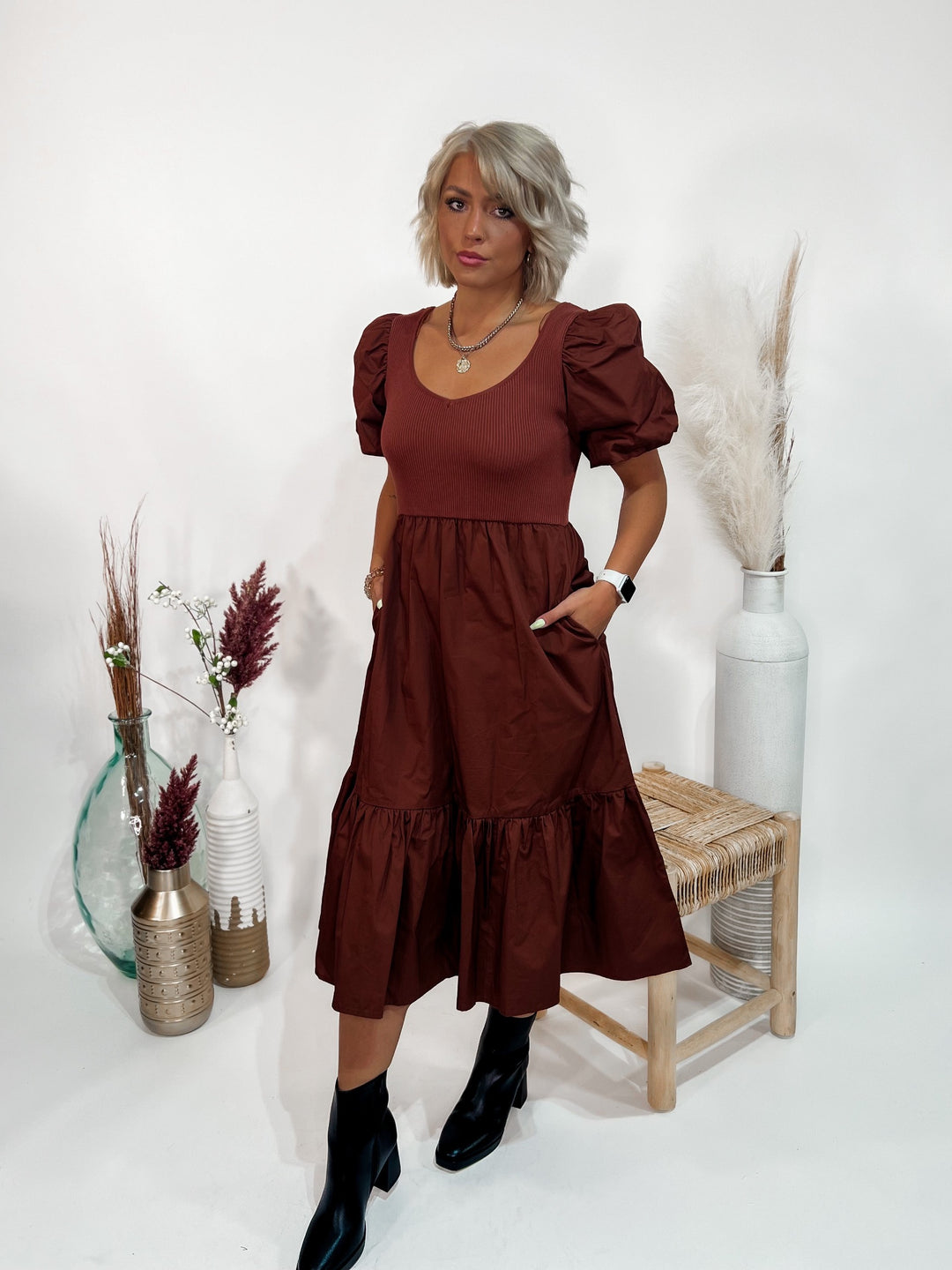 Mix Media Puff Sleeve Midi Dress, Cognac