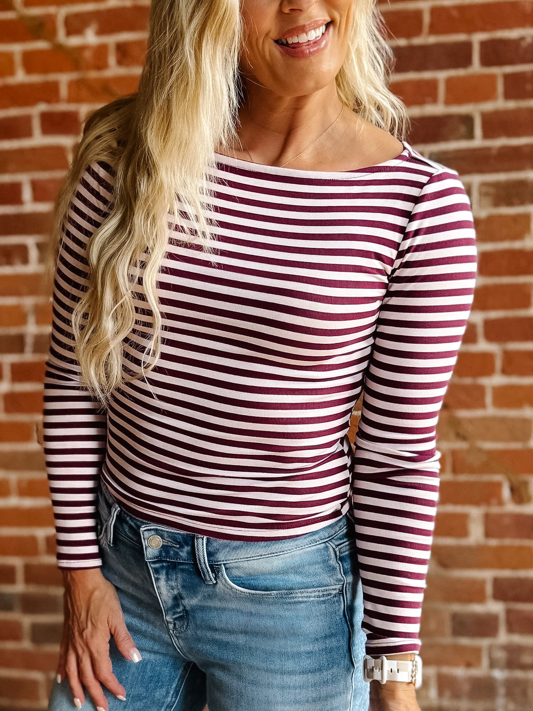 Easy Lines Boat Neck Striped Long Sleeve Knit Top
