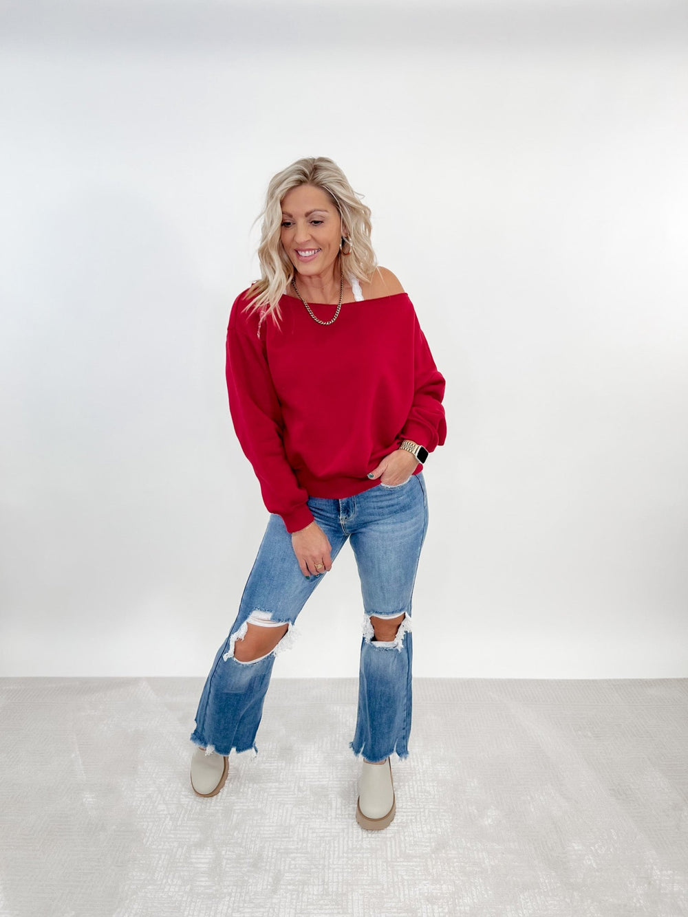 Edge of Cozy Off Shoulder Pullover, Red