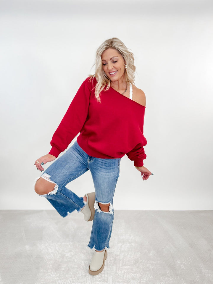 Edge of Cozy Off Shoulder Pullover, Red