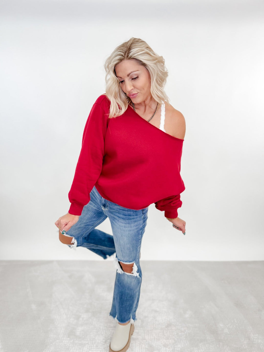 Edge of Cozy Off Shoulder Pullover, Red