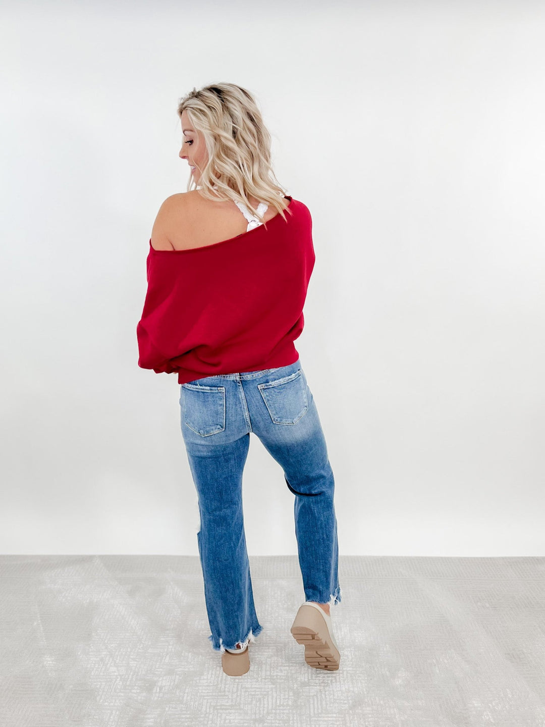 Edge of Cozy Off Shoulder Pullover, Red