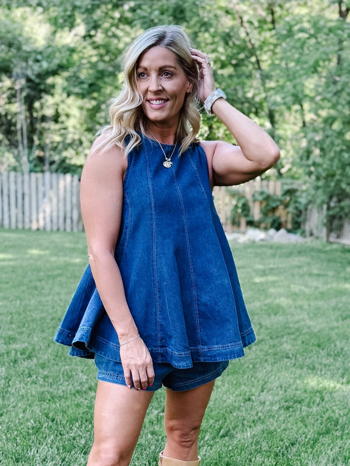 Effortlessly Put-Together Denim Flare Top, Dark Wash