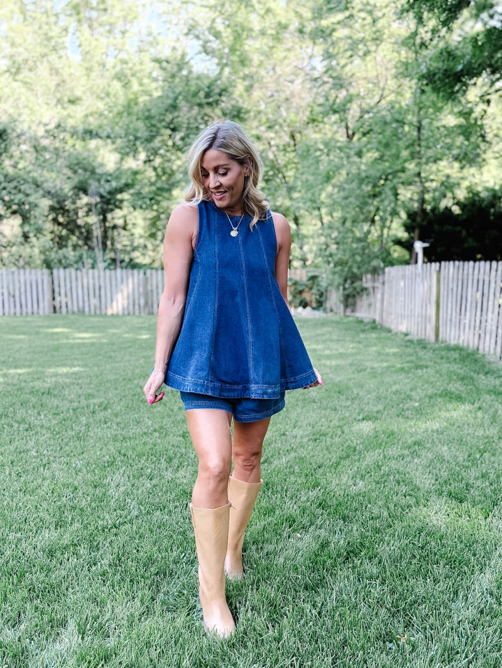 Effortlessly Put-Together Denim Flare Top, Dark Wash