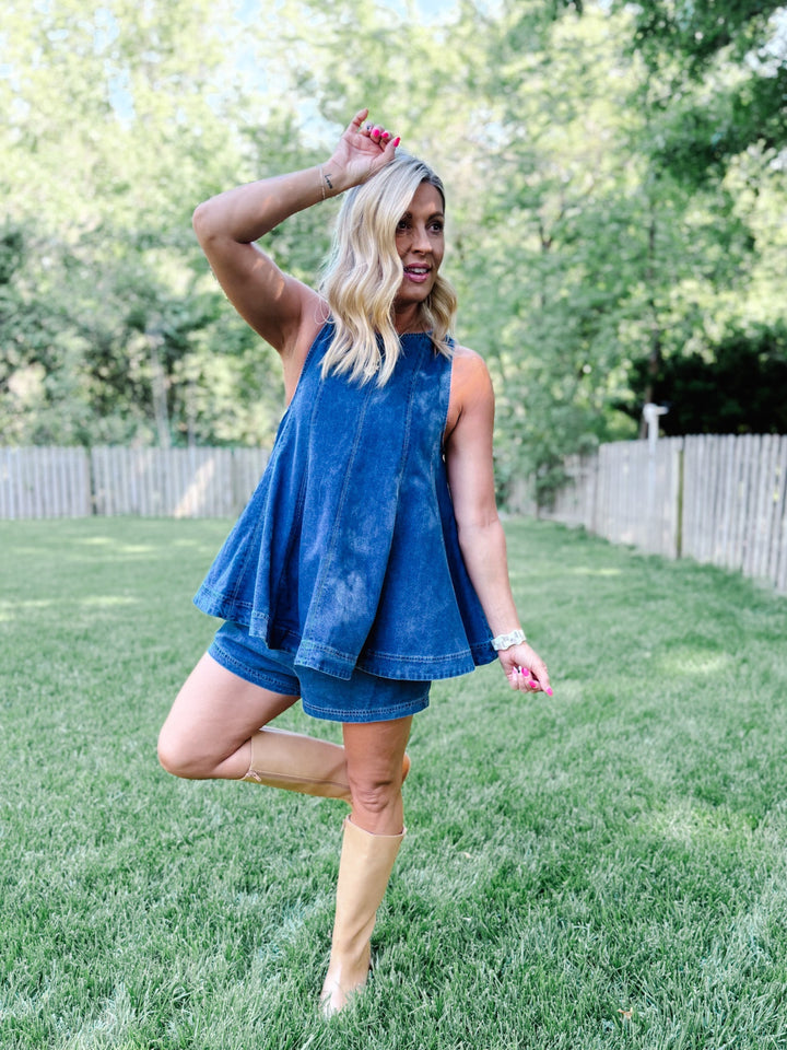 Effortlessly Put-Together Denim Flare Top, Dark Wash