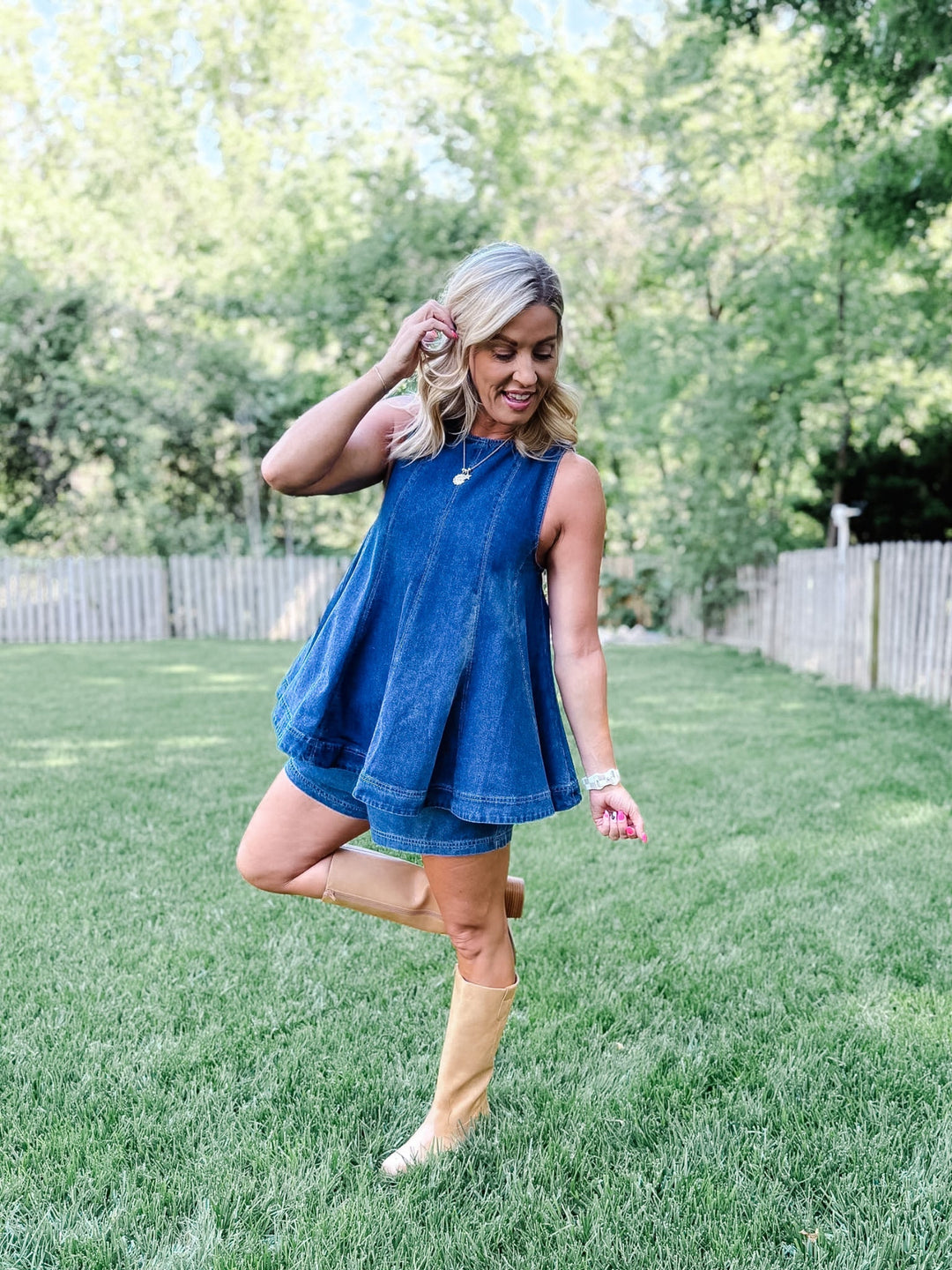 Effortlessly Put-Together Denim Flare Top, Dark Wash