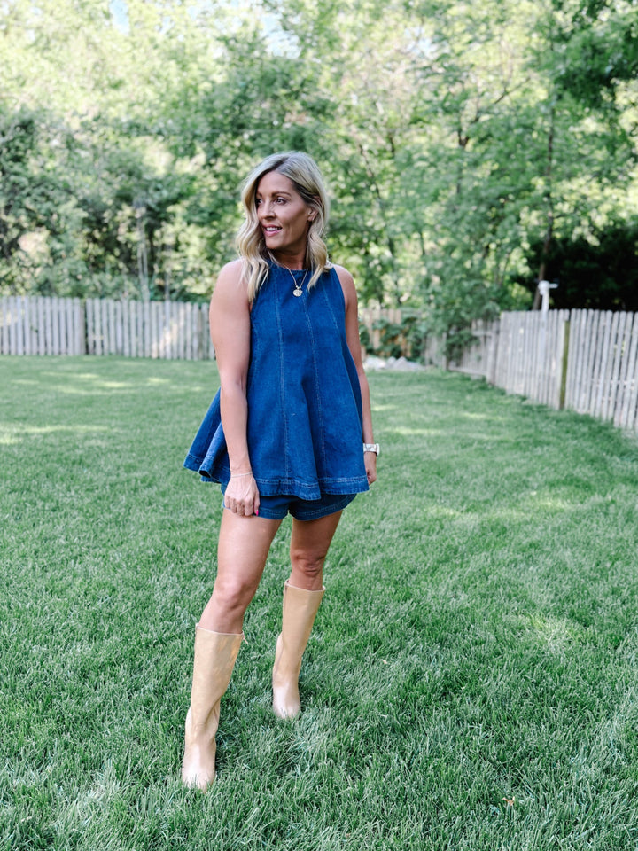 Effortlessly Put-Together Denim Flare Top, Dark Wash