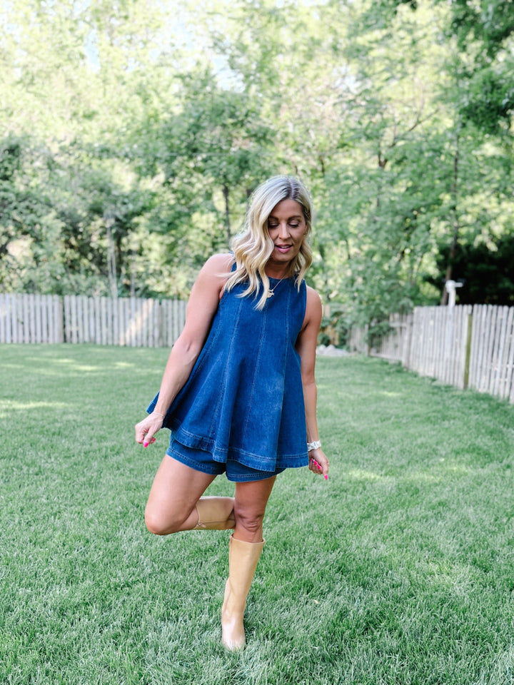 Effortlessly Put-Together Denim Flare Top, Dark Wash