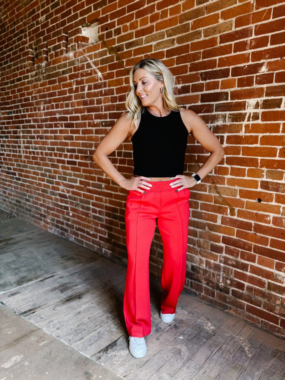 Elevate Scuba Pintuck Straight Leg Pants, Red