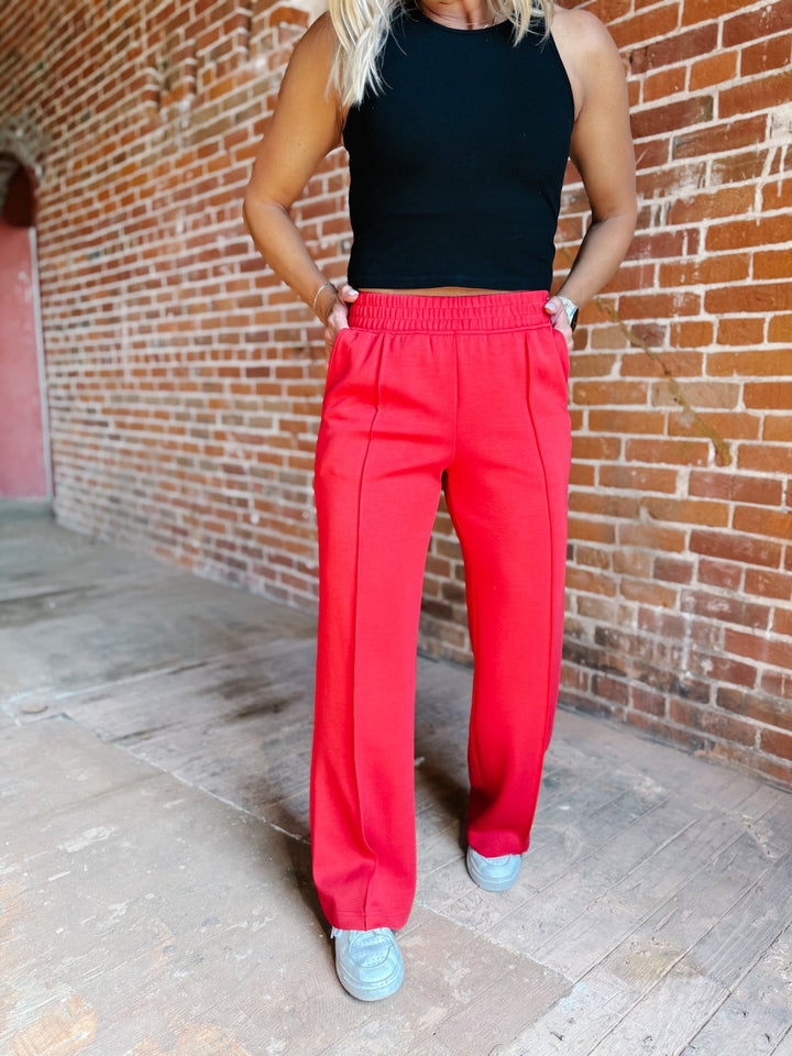 Elevate Scuba Pintuck Straight Leg Pants, Red