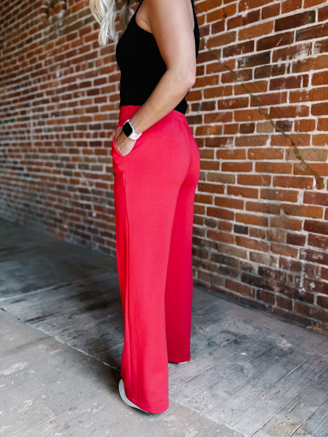 Elevate Scuba Pintuck Straight Leg Pants, Red