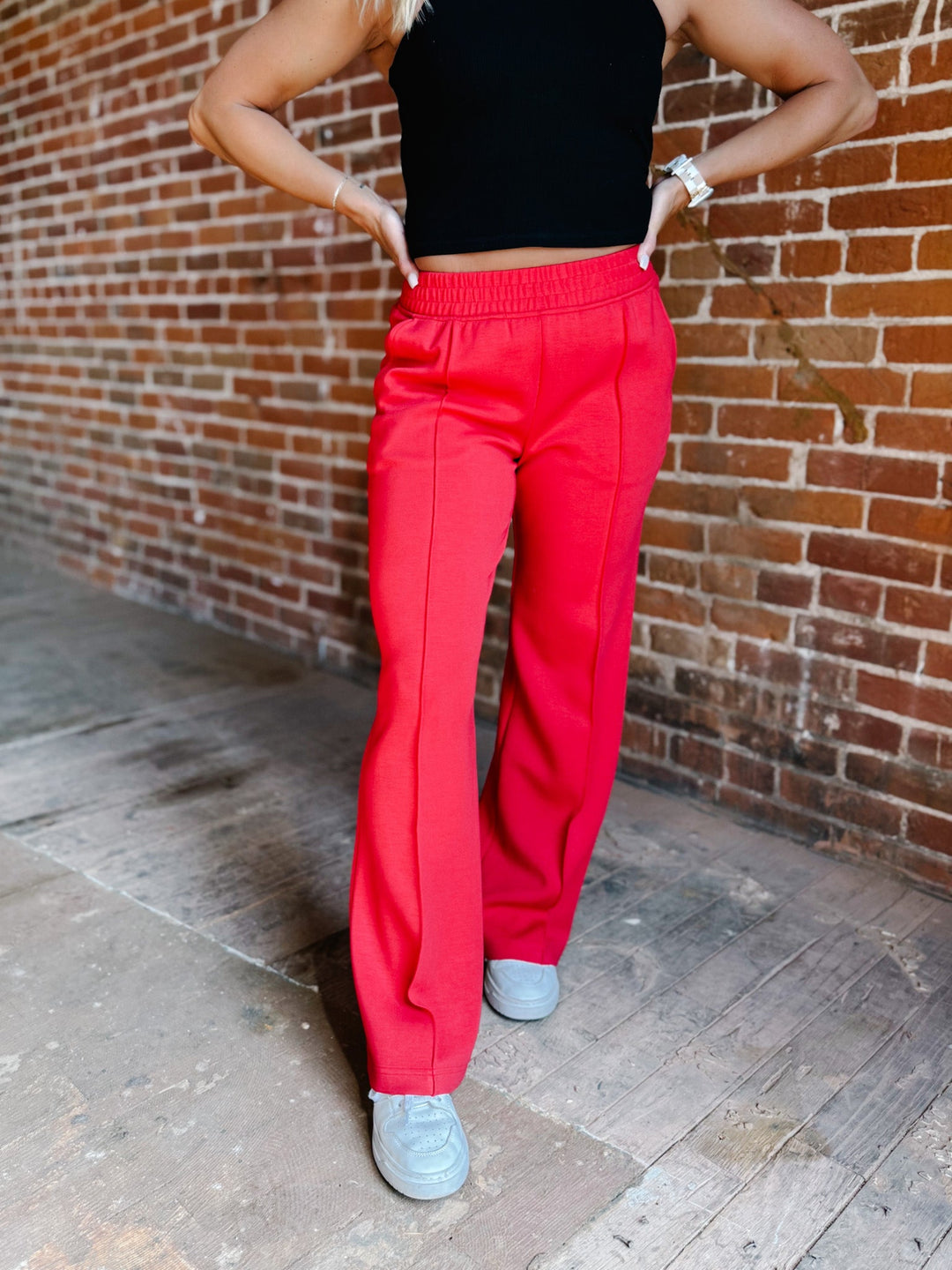 Elevate Scuba Pintuck Straight Leg Pants, Red