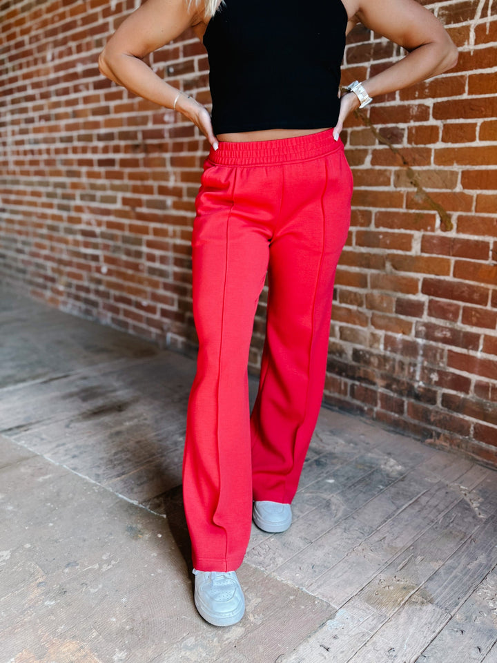 Elevate Scuba Pintuck Straight Leg Pants, Red
