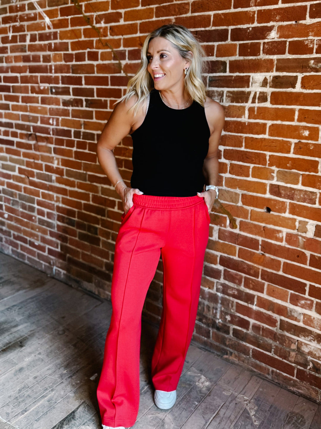 Elevate Scuba Pintuck Straight Leg Pants, Red