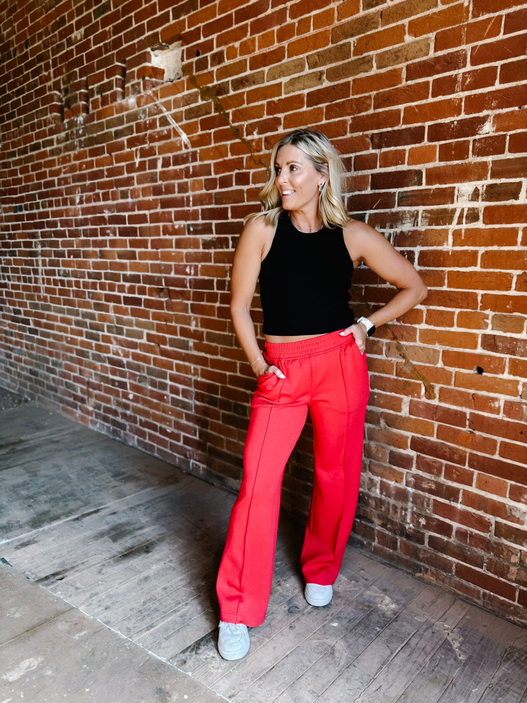 Elevate Scuba Pintuck Straight Leg Pants, Red